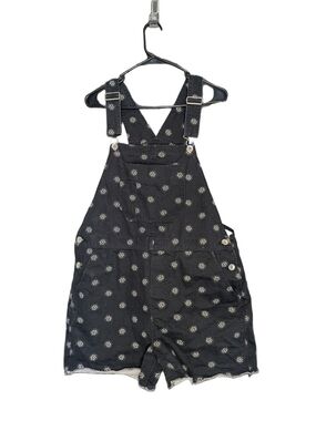 Brixton Women Black Denim Short Overalls Daisy Flower Print Frayed Size Large
